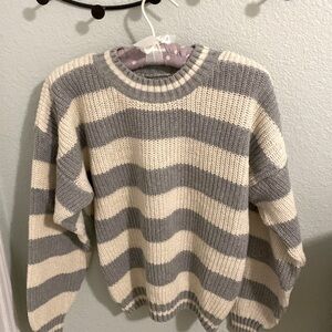 Gray and cream striped long sleeve sweater
